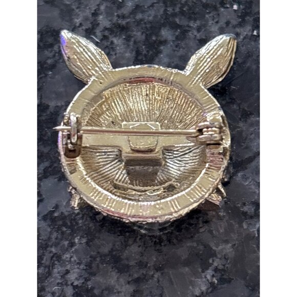 Gold-Tone Rabbit Face or Cat Brooch With Rhinestones & Red Gem Eyes Sparkles - Picture 10 of 10